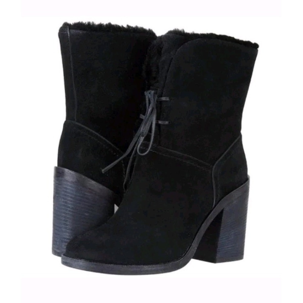 UGG Womens Jerene Mid-Calf Sheepskin Lined Suede High-Heeled Boot Size 6.5 Black